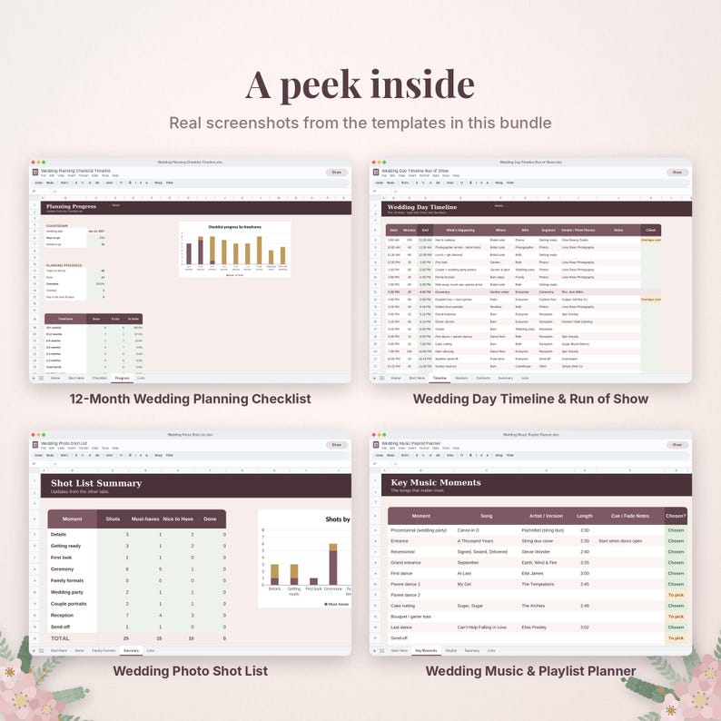 May include: Four digital spreadsheet templates for wedding planning displayed on screens. The layouts include a 12-Month Wedding Planning Checklist, a Wedding Day Timeline & Run of Show, a Wedding Photo Shot List, and a Wedding Music & Playlist Planner.
