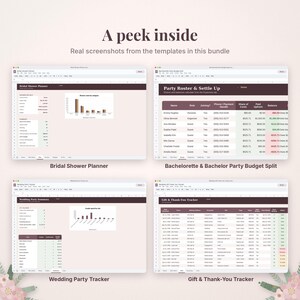 May include: Four digital spreadsheet templates titled Bridal Shower Planner, Bachelorette & Bachelor Party Budget Split, Wedding Party Tracker, and Gift & Thank-You Tracker. Each template displays organized data tables, charts, and columns.