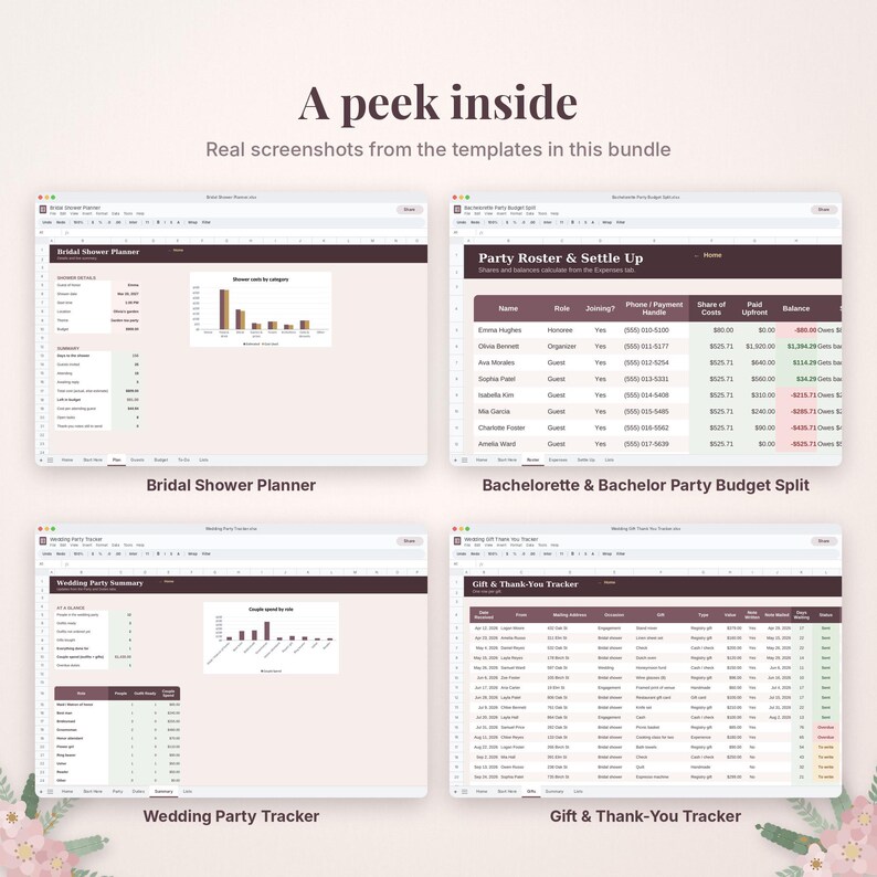 May include: Four digital spreadsheet templates titled Bridal Shower Planner, Bachelorette & Bachelor Party Budget Split, Wedding Party Tracker, and Gift & Thank-You Tracker. Each template displays organized data tables, charts, and columns.