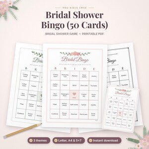 May include: A set of 50 printable Bridal Shower Bingo cards featuring a floral header, a 5x5 grid with the word BRIDE at the top, and various kitchen and home item prompts. The cards include a pencil and text indicating 3 themes, letter, A4, 5x7 sizes.