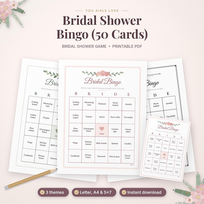 May include: A set of 50 printable Bridal Shower Bingo cards featuring a floral header, a 5x5 grid with the word BRIDE at the top, and various kitchen and home item prompts. The cards include a pencil and text indicating 3 themes, letter, A4, 5x7 sizes.
