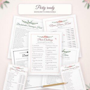 May include: A bachelorette games bundle featuring printed sheets with floral accents. Titles include Party Ready, Bachelorette Scavenger Hunt, Never Have I Ever, Photo Challenge, and Trivia. A wooden pencil rests on the paper stack.