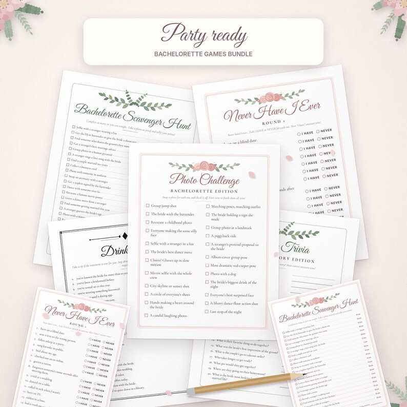 May include: A bachelorette games bundle featuring printed sheets with floral accents. Titles include Party Ready, Bachelorette Scavenger Hunt, Never Have I Ever, Photo Challenge, and Trivia. A wooden pencil rests on the paper stack.