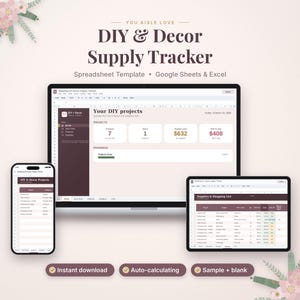 May include: A digital DIY and Decor Supply Tracker spreadsheet template for Google Sheets and Excel. The interface displays project metrics, supply costs, and a shopping list. The layout includes a dashboard, project list, and supply tracker.