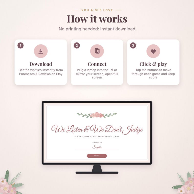 May include: An instructional graphic for a digital bachelorette confession game titled We Listen & We Don't Judge. It features three steps: Download, Connect, and Click & Play, displayed above a computer monitor showing the game's start screen.