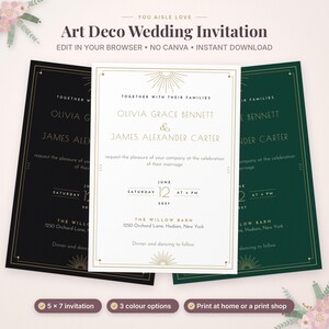 May include: Three Art Deco wedding invitation templates in black, white, and dark green with gold geometric borders and sunburst motifs. The text reads: Olivia Grace Bennett and James Alexander Carter, June 12, 2027, at The Willow Barn.