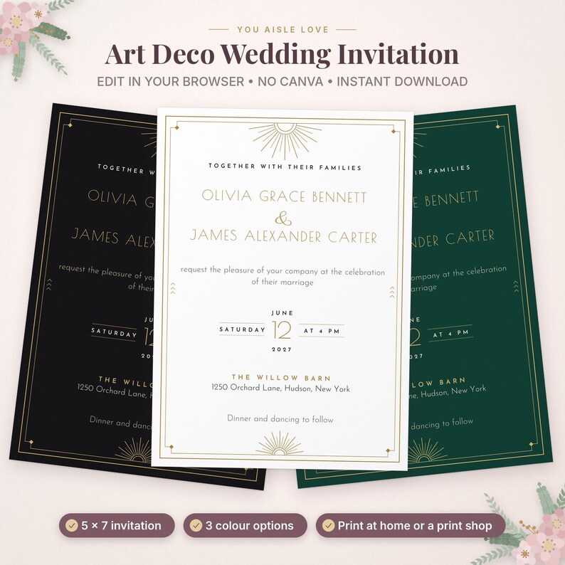 May include: Three Art Deco wedding invitation templates in black, white, and dark green with gold geometric borders and sunburst motifs. The text reads: Olivia Grace Bennett and James Alexander Carter, June 12, 2027, at The Willow Barn.