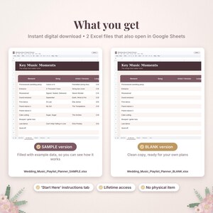 May include: Two digital wedding music playlist planner spreadsheets in Excel format. One version is pre-filled with sample data, and the other is a blank template. Both feature a table titled Key Music Moments with columns for Moment, Song, Artist, and Length.