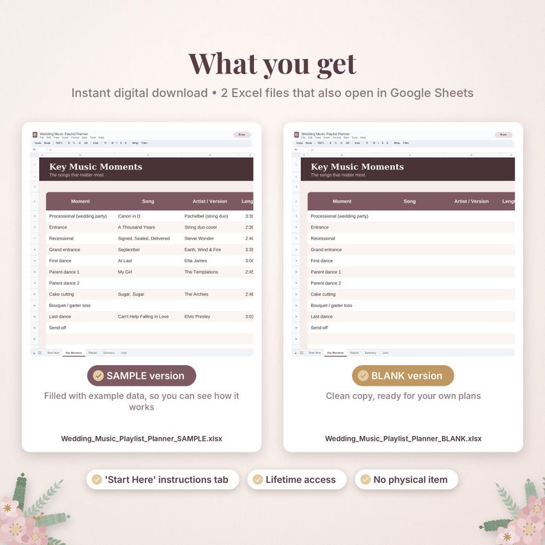 May include: Two digital wedding music playlist planner spreadsheets in Excel format. One version is pre-filled with sample data, and the other is a blank template. Both feature a table titled Key Music Moments with columns for Moment, Song, Artist, and Length.