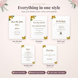 May include: A wedding stationery set featuring a Save the Date, invitation, RSVP card, details card, and thank you card. Each white card displays sunflower illustrations, brown text, and dimensions in inches: 5x7 and 4.25x5.5.