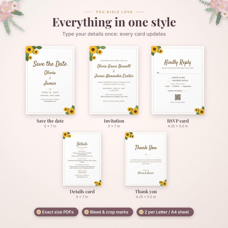 May include: A wedding stationery set featuring a Save the Date, invitation, RSVP card, details card, and thank you card. Each white card displays sunflower illustrations, brown text, and dimensions in inches: 5x7 and 4.25x5.5.