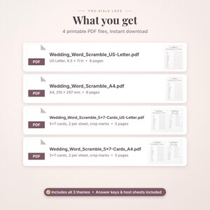 May include: Four printable PDF files for a wedding word scramble game. The list includes Wedding_Word_Scramble_US-Letter.pdf (8.5 x 11 inches), A4 (210 x 297 mm), and 5x7 cards. The text states: You aisle love, What you get, 4 printable PDF files.