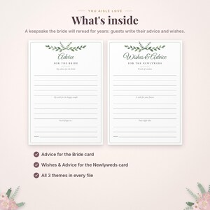 May include: Two white rectangular cards with green leaf illustrations at the top. The left card is titled Advice for the Bride with lines for writing. The right card is titled Wishes & Advice for the Newlyweds with lines for writing.