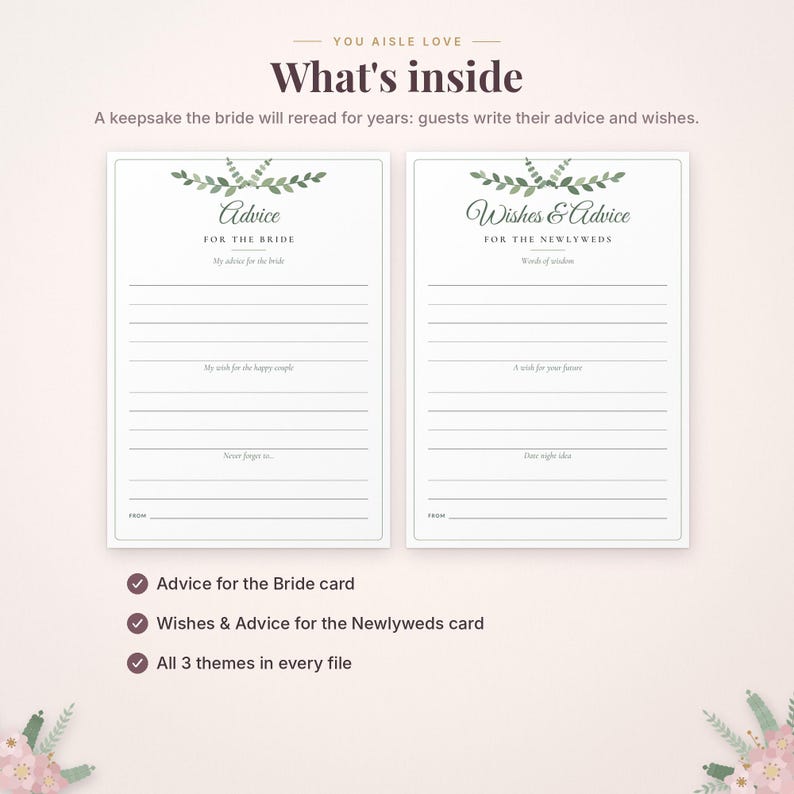 May include: Two white rectangular cards with green leaf illustrations at the top. The left card is titled Advice for the Bride with lines for writing. The right card is titled Wishes & Advice for the Newlyweds with lines for writing.