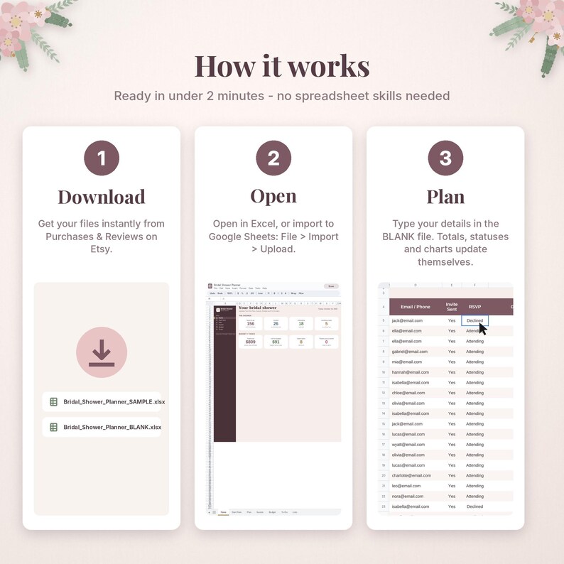 May include: An instructional graphic titled How it works detailing a three-step process for a digital planner. Steps include Download, Open, and Plan, featuring icons, text instructions, and small screenshots of spreadsheet files for bridal shower planning.