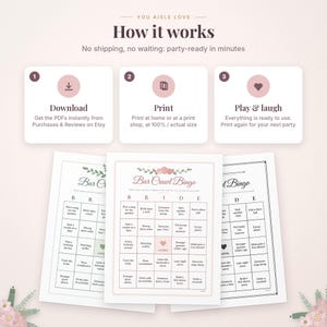 May include: A digital Bar Crawl Bingo game set featuring three printable cards with floral accents. The instructions state: How it works, Download, Print, Play and laugh. Each card contains a grid with tasks like Pick a song for the speaker, Spot a couple on a date, and Toast the bride. The design uses a soft pink and white color palette with dark text.