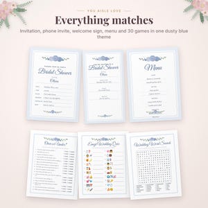May include: A collection of printed stationery for a bridal shower featuring a dusty blue floral theme. The set includes an invitation, phone invite, menu, and three game cards titled Over or Under, Emoji Wedding Quiz, and Wedding Word Search.