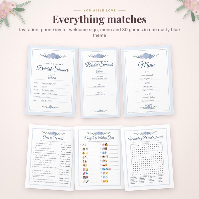 May include: A collection of printed stationery for a bridal shower featuring a dusty blue floral theme. The set includes an invitation, phone invite, menu, and three game cards titled Over or Under, Emoji Wedding Quiz, and Wedding Word Search.