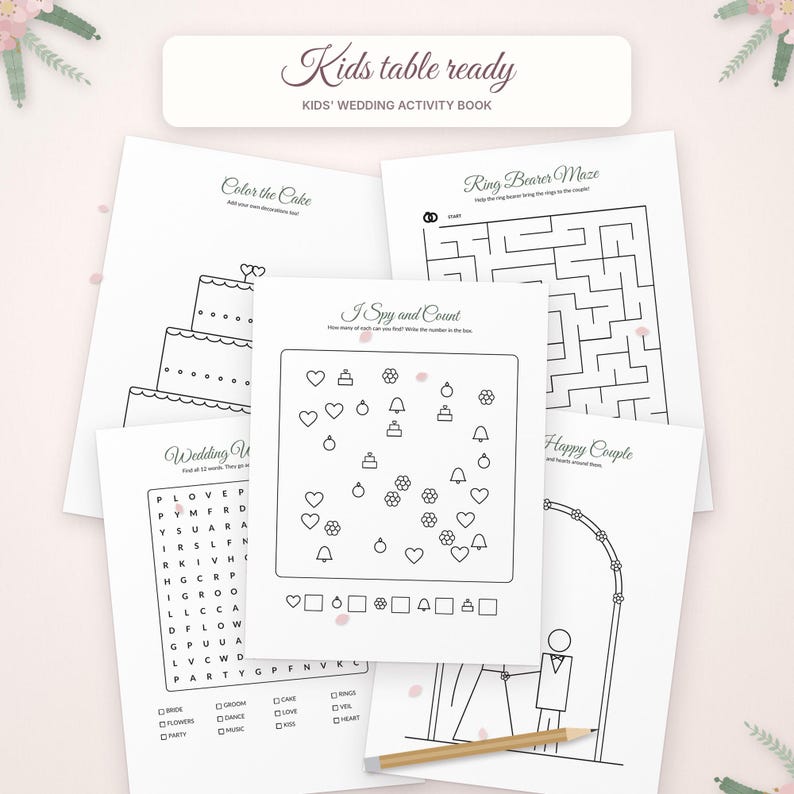 May include: A kids' wedding activity book titled Kids table ready, featuring multiple white pages with black line art. Activities include a cake coloring page, a ring bearer maze, an I Spy and Count game, a word search, and a happy couple drawing.