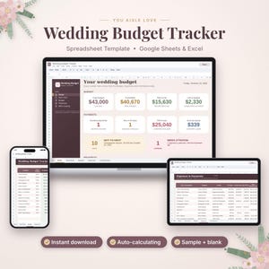 May include: A digital wedding budget tracker spreadsheet template for Google Sheets and Excel displayed on a laptop, tablet, and smartphone. The interface features tabs for home, budget, expenses, and contributions with data fields for total budget, payments, and costs per guest.