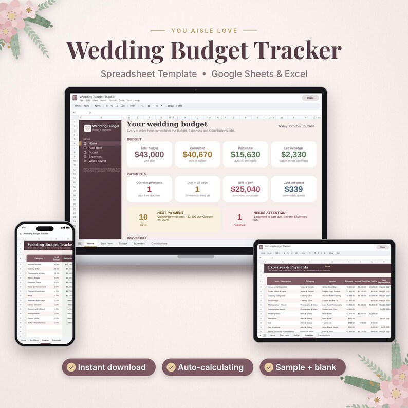 May include: A digital wedding budget tracker spreadsheet template for Google Sheets and Excel displayed on a laptop, tablet, and smartphone. The interface features tabs for home, budget, expenses, and contributions with data fields for total budget, payments, and costs per guest.
