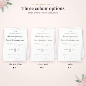 May include: Three wedding invitation cards with the text You Aisle Love and Three colour options. The cards feature the names Olivia Grace Bennett and James Alexander Carter, with color choices of Black & White, Warm Sand, and Olive.