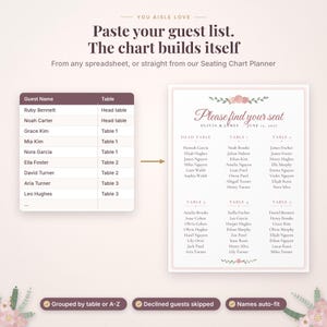 May include: A digital seating chart tool showing a guest list spreadsheet on the left and a formatted wedding seating chart on the right. The text reads "You aisle love", "Paste your guest list. The chart builds itself", and "Please find your seat".