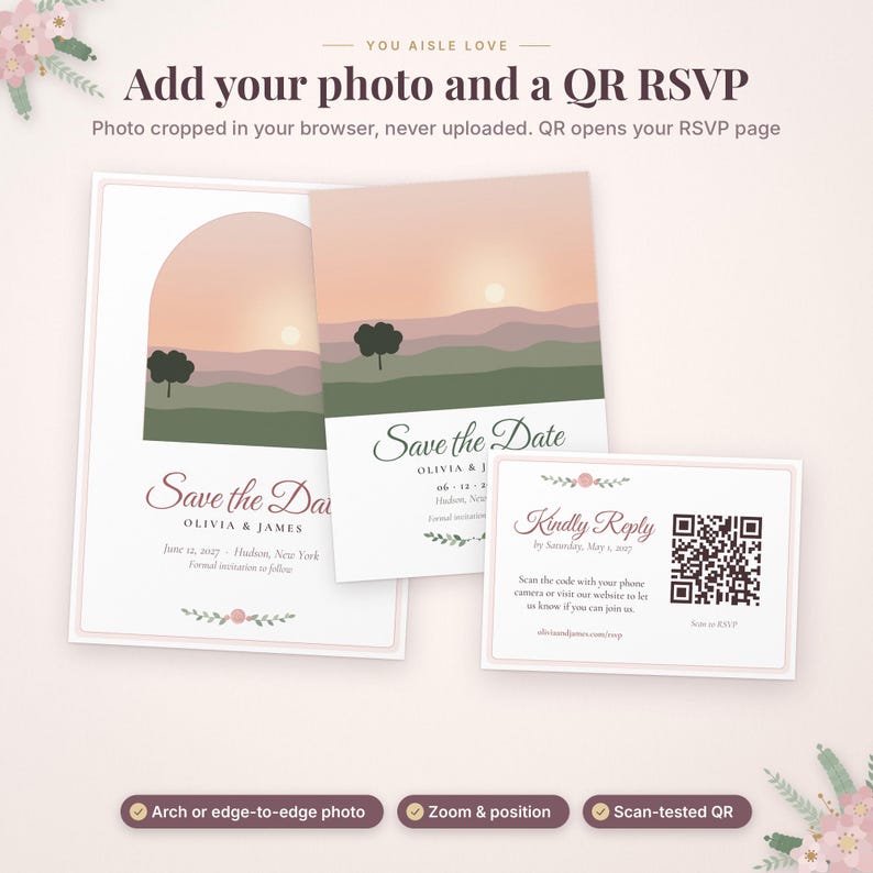 May include: Save the date cards and an RSVP card with a QR code. The cards feature a sunset landscape illustration with rolling hills, trees, and a sun. Text includes "Save the Date," "Olivia & James," "June 12, 2027," and "Kindly Reply" with a scannable QR code.