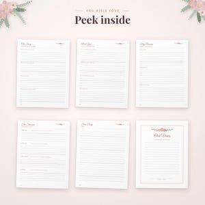 K&ouml;nnte beinhalten: Sechs wei&szlig;e Papierb&ouml;gen mit schwarzem linierten Text und floralen Akzenten. Die Seiten sind betitelt mit Our Story, About You, My Promise, The Structure, First Draft und Our Vows. Der Text oben mittig lautet You Aisle Love und Peek inside.