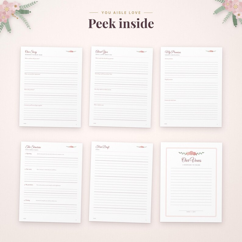 K&ouml;nnte beinhalten: Sechs wei&szlig;e Papierb&ouml;gen mit schwarzem linierten Text und floralen Akzenten. Die Seiten sind betitelt mit Our Story, About You, My Promise, The Structure, First Draft und Our Vows. Der Text oben mittig lautet You Aisle Love und Peek inside.