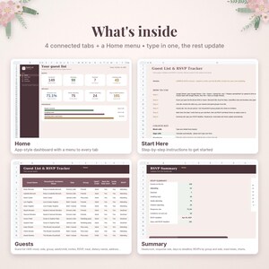 May include: A digital guest list and RSVP tracker spreadsheet template featuring four connected tabs and a home menu. The interface displays data dashboards, instruction pages, guest name lists, and summary statistics in a soft pink and dark brown colour scheme.