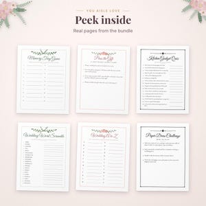May include: Six white rectangular wedding game cards with black text and floral accents. The cards feature titles including Memory Tray Game, Pass the Gift, Kitchen Gadget Quiz, Wedding Word Scramble, Wedding A to Z, and Paper Dress Challenge.