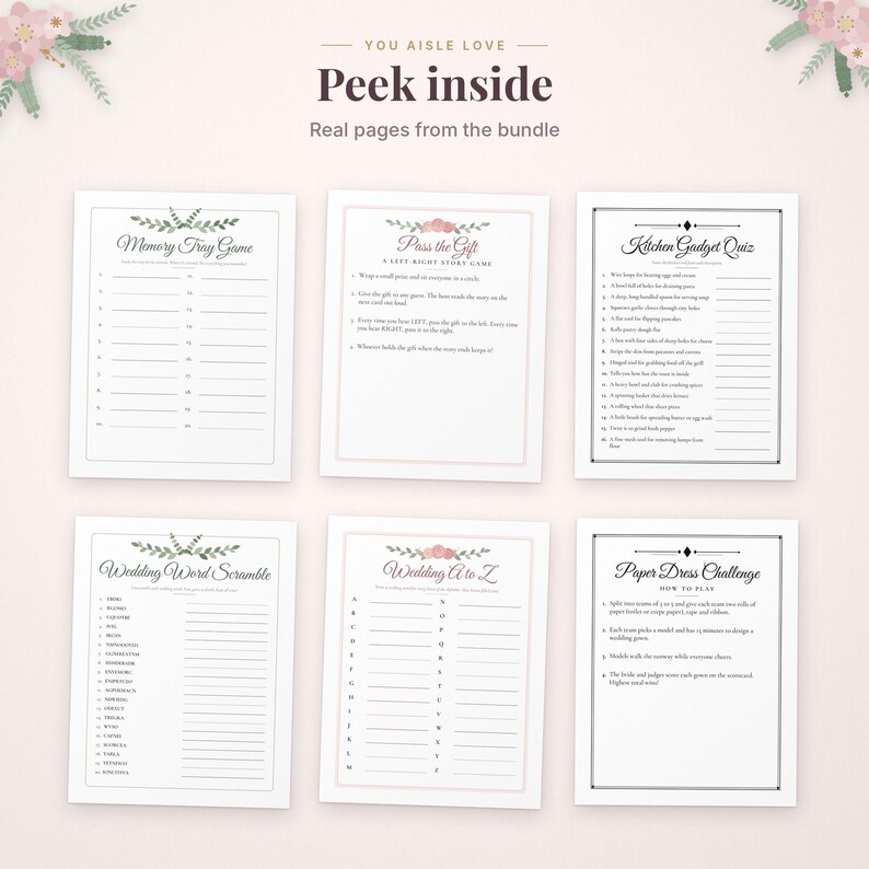 May include: Six white rectangular wedding game cards with black text and floral accents. The cards feature titles including Memory Tray Game, Pass the Gift, Kitchen Gadget Quiz, Wedding Word Scramble, Wedding A to Z, and Paper Dress Challenge.
