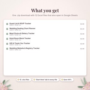 May include: A digital product listing featuring a list of 12 Excel files including a Guest List & RSVP Tracker, Wedding Seating Chart Planner, Meal Choice & Dietary Tracker, Hotel Room Block Tracker, Gift & Thank-You Tracker, and Wedding Website & Registry Tracker.