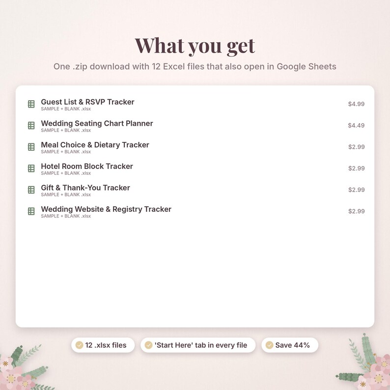 May include: A digital product listing featuring a list of 12 Excel files including a Guest List & RSVP Tracker, Wedding Seating Chart Planner, Meal Choice & Dietary Tracker, Hotel Room Block Tracker, Gift & Thank-You Tracker, and Wedding Website & Registry Tracker.