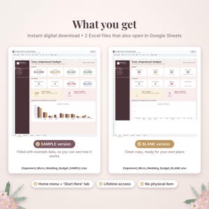 Puede incluir: Dos plantillas de hoja de c&aacute;lculo digitales para un presupuesto de boda, una etiquetada como SAMPLE version con datos y otra como BLANK version. La interfaz incluye secciones para presupuesto, pagos y un gr&aacute;fico de barras.
