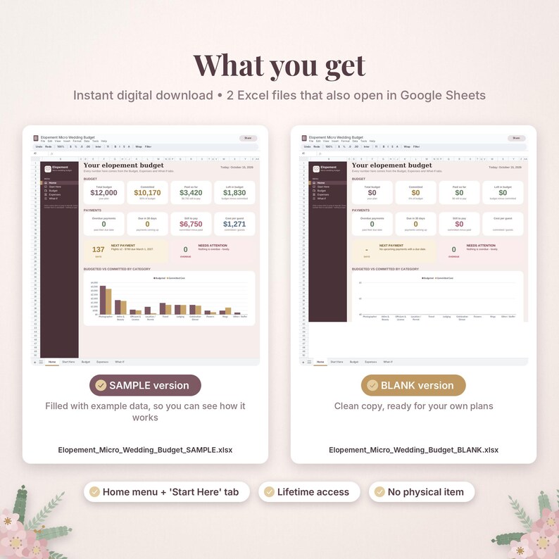Puede incluir: Dos plantillas de hoja de c&aacute;lculo digitales para un presupuesto de boda, una etiquetada como SAMPLE version con datos y otra como BLANK version. La interfaz incluye secciones para presupuesto, pagos y un gr&aacute;fico de barras.