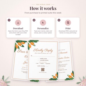 May include: An instructional graphic titled You Aisle Love How it works, detailing a three-step process to download, personalise, and print wedding stationery. Below are three sample cards featuring orange fruit and green leaf illustrations.