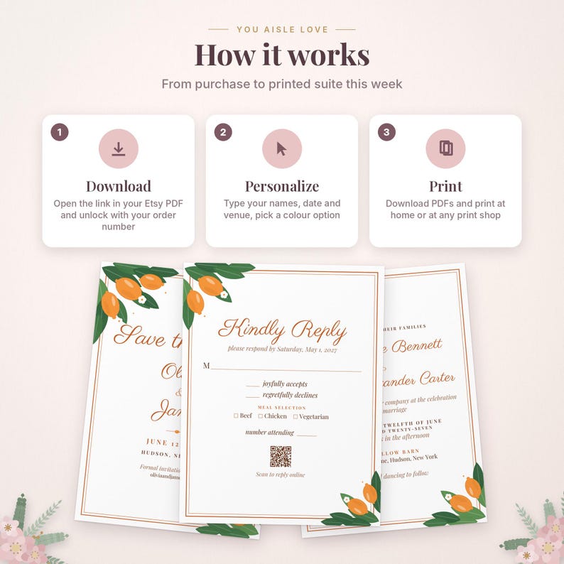 May include: An instructional graphic titled You Aisle Love How it works, detailing a three-step process to download, personalise, and print wedding stationery. Below are three sample cards featuring orange fruit and green leaf illustrations.