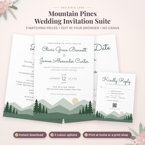 May include: A wedding invitation suite featuring white cards with dark green mountain and pine tree illustrations at the bottom. Text includes "Mountain Pines Wedding Invitation Suite," names "Olivia Grace Bennett & James Alexander Carter," and "Kindly Reply" with a QR code.