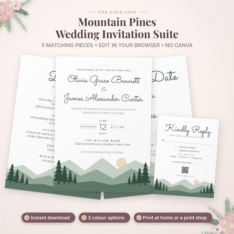 May include: A wedding invitation suite featuring white cards with dark green mountain and pine tree illustrations at the bottom. Text includes "Mountain Pines Wedding Invitation Suite," names "Olivia Grace Bennett & James Alexander Carter," and "Kindly Reply" with a QR code.