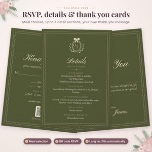 May include: Three olive green wedding stationery cards featuring white text and decorative borders. The center card displays details for Olivia and James, including ceremony and reception information, with a QR code on the left card.