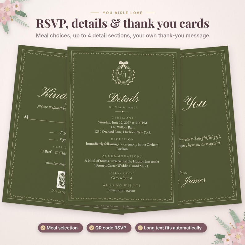May include: Three olive green wedding stationery cards featuring white text and decorative borders. The center card displays details for Olivia and James, including ceremony and reception information, with a QR code on the left card.