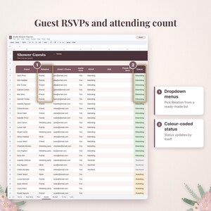 May include: A digital bridal shower guest list spreadsheet featuring columns for guest names, relations, contact info, and RSVP status. It includes dropdown menus for relations and color-coded status updates for attending, declined, or awaiting guests.
