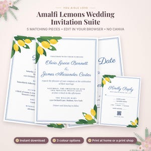 May include: A wedding invitation suite featuring white cards with blue borders and yellow lemon illustrations with green leaves. The text includes names Olivia Grace Bennett and James Alexander Carter, event details, and a Kindly Reply card.