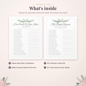 May include: Two white printable game sheets titled How Well Do You Know The Bride and The Bride's Answers. Each sheet features twenty numbered questions about the bride, decorated with green leaf illustrations at the top and bottom.