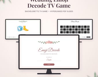 May include: A digital Wedding Emoji Decode TV Game featuring hyperlinked PDF slides. The screen displays the title, a start button, and game screens with emoji puzzles and a numbered grid. Text includes You Aisle Love, Emoji Decode, and Sophie.