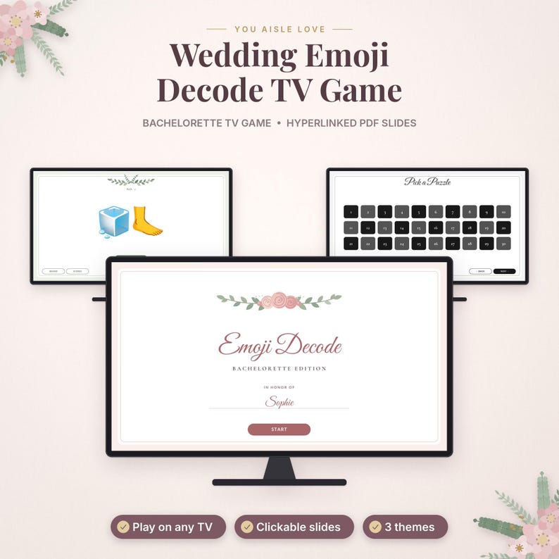 May include: A digital Wedding Emoji Decode TV Game featuring hyperlinked PDF slides. The screen displays the title, a start button, and game screens with emoji puzzles and a numbered grid. Text includes You Aisle Love, Emoji Decode, and Sophie.