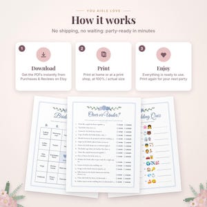 May include: A digital instructional graphic titled How it works with three steps: Download, Print, and Enjoy. Below are three printable wedding game sheets featuring floral accents, including a bingo card, an Over or Under quiz, and an emoji wedding quiz.