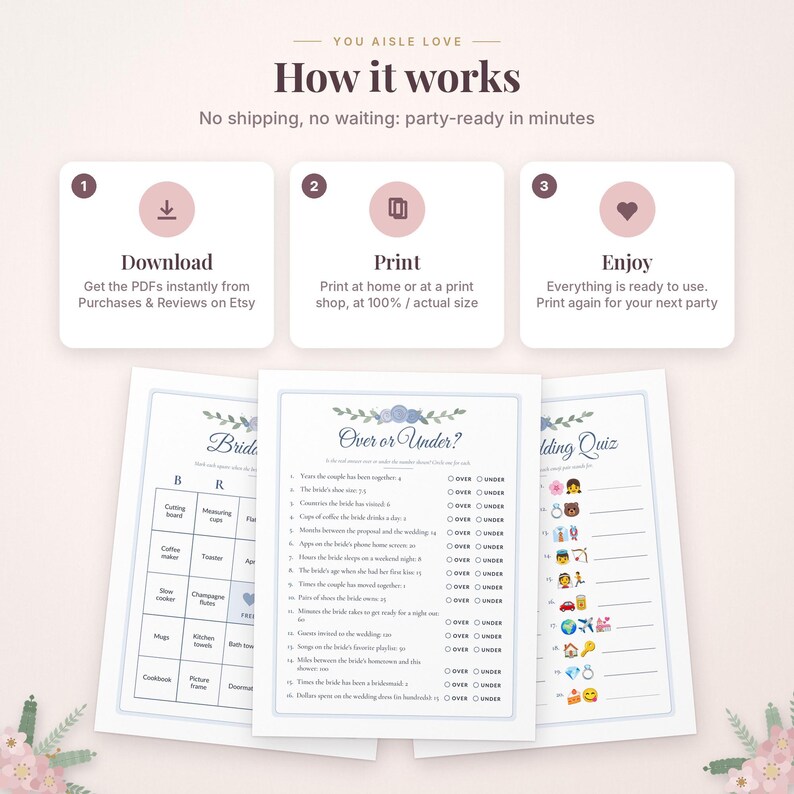 May include: A digital instructional graphic titled How it works with three steps: Download, Print, and Enjoy. Below are three printable wedding game sheets featuring floral accents, including a bingo card, an Over or Under quiz, and an emoji wedding quiz.